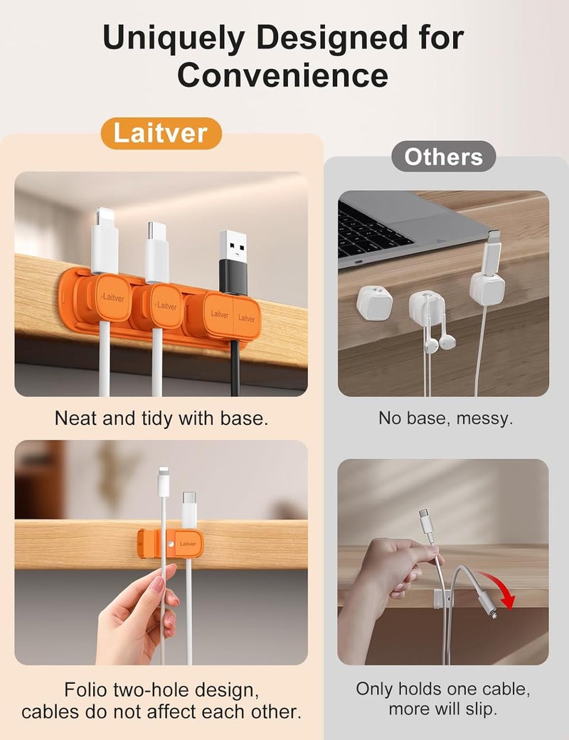Laitver 6 Pack Magnetic Cable Clips [1s Open/Lock], Cord Organizer Holder Strong Adhesive Desk Cable Management- Organize Charging Cords Neatly for Home, Office, Car,Desk, Nightstand-Orange - Image 3